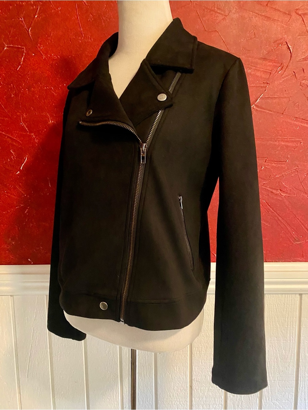 Allegra K Black Faux Suede Moto Jacket Size Medium, Zip Up Coat